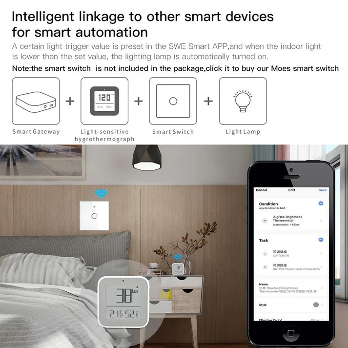 MOES スマート温湿度・照度センサー ZigBee+Bluetooth 温湿度照度センサー 3-in-1 リアルタイム測定 CR2032電池駆動 スマート連携可 スマートホーム - 画像 (5)