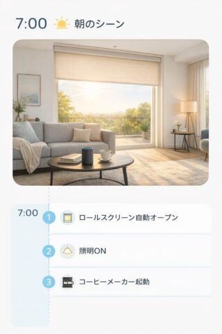 朝のシーン
ロールスクリーン自動化